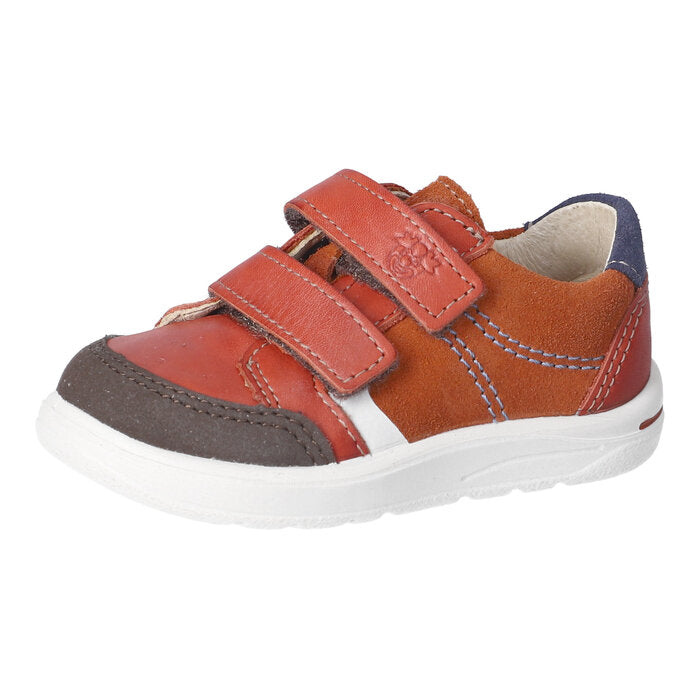 A boys shoe by Ricosta, style Jamie, in orange multi with double velcro fastening. Right side view.
