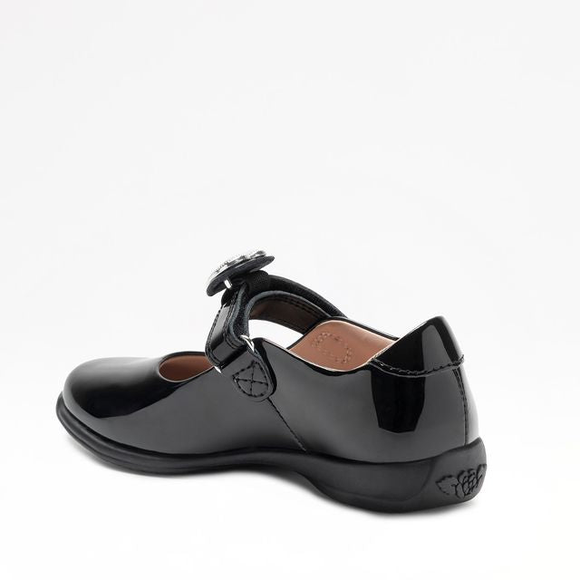 A girls Mary Jane school shoe by Lelli Kelly, style LKSO8467CVR Sabrina, in black patent with detachable heart embellished attachment. Velcro fastening. Angled left side view.