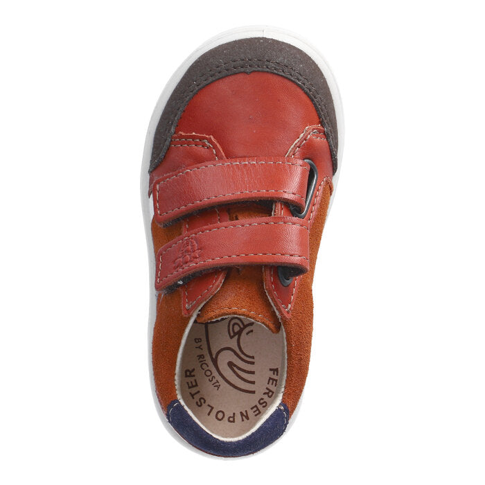 A boys shoe by Ricosta, style Jamie, in orange multi with double velcro fastening. Above view.