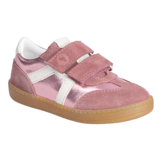 A girls casual shoe by Ricosta, style Dakota in sugar/metallic with two velcro straps, suede front and ankle and metallic effect. Left side view