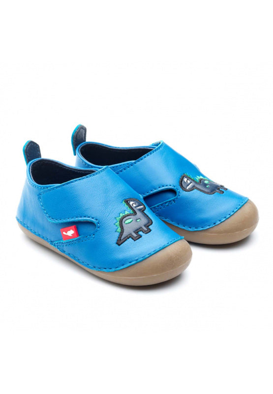 A pair unisex pre walkers by Chipmunks, style Dara Dino, in blue with dinosaur design and velcro fastening. Angled view of right side.