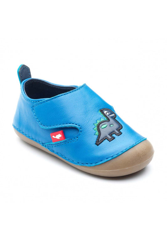 A unisex pre walker by Chipmunks, style Dara Dino, in blue with dinosaur design and velcro fastening. Angled view of right side.