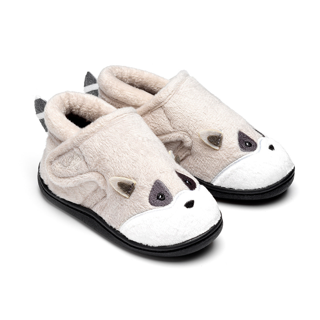 A pair of unisex slippers by Chipmunks, style Rocco Racoon, in grey racoon design with velcro fastening. Angled view of right side.
