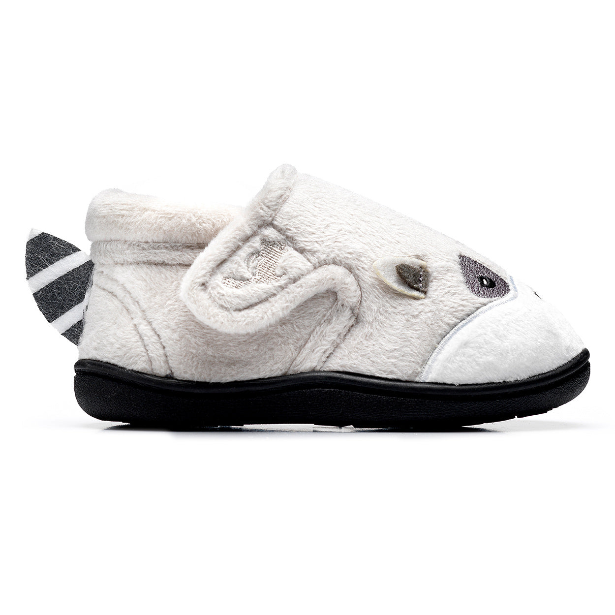 A unisex slipper by Chipmunks, style Rocco Racoon, in grey racoon design with velcro fastening. Right side view.
