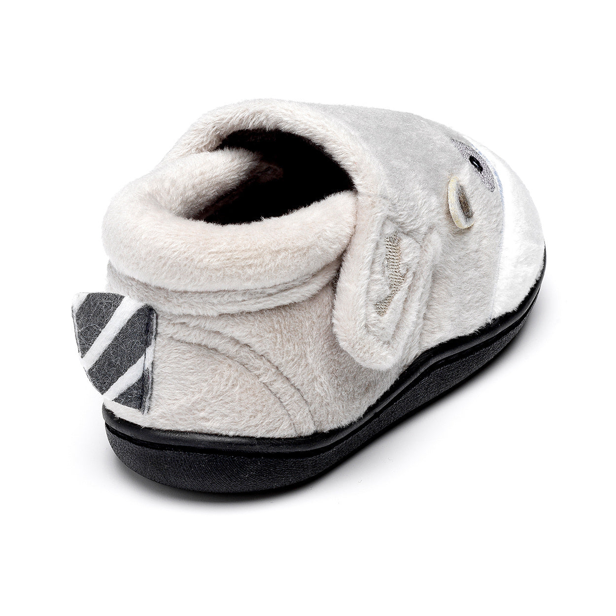 A unisex slipper by Chipmunks, style Rocco Racoon, in grey racoon design with velcro fastening. Angled view of back.
