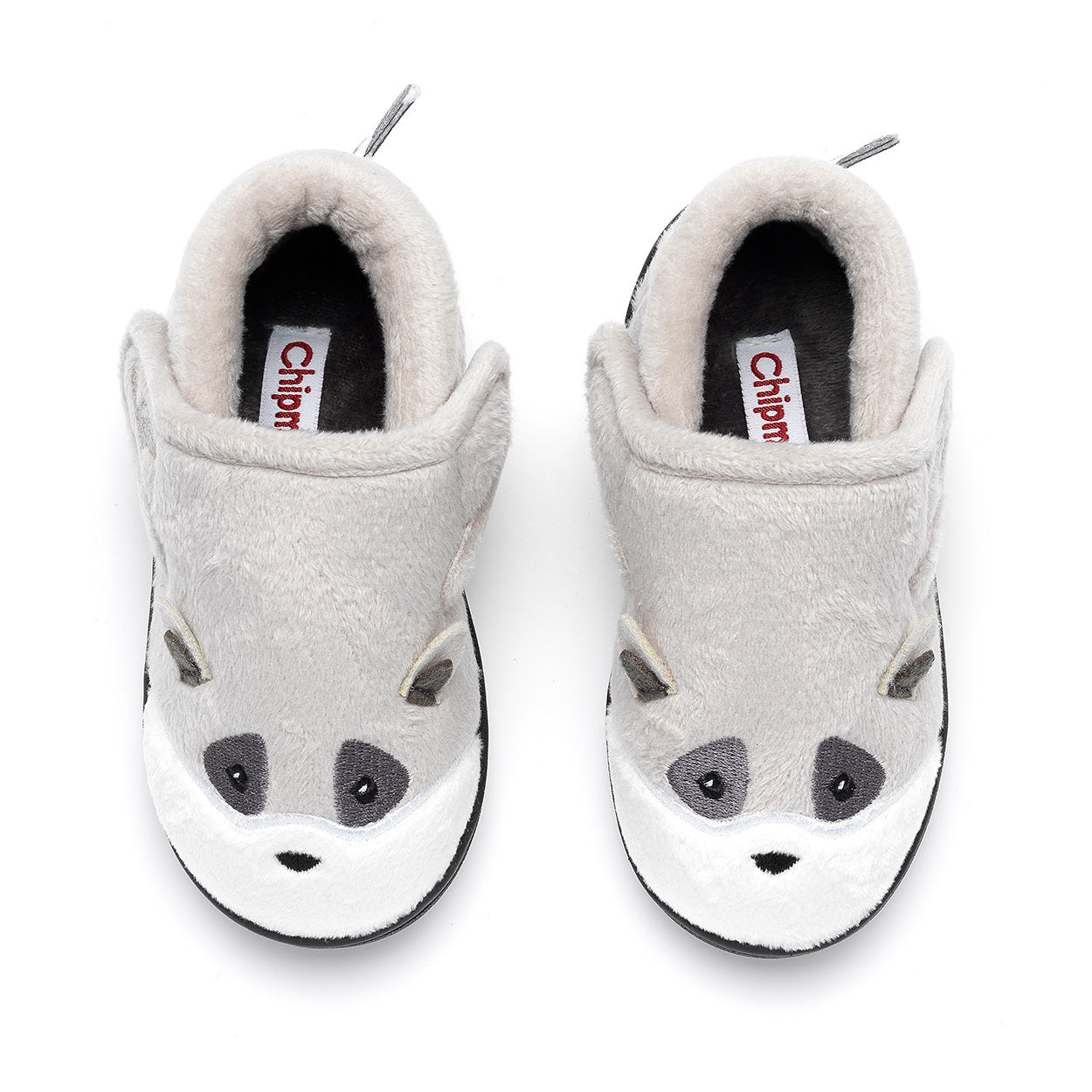A pair of unisex slippers by Chipmunks, style Rocco Racoon, in grey racoon design with velcro fastening. View from above.