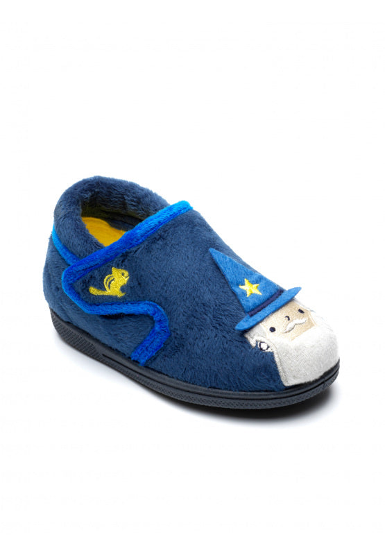 A unisex slipper by Chipmunks, style Abracadabra Wizard, in navy multi wizard design with velcro fastening. Angled view of right side.