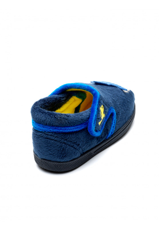 A of unisex slipper by Chipmunks, style Abracadabra Wizard, in navy multi wizard design with velcro fastening.  Angled view from back.