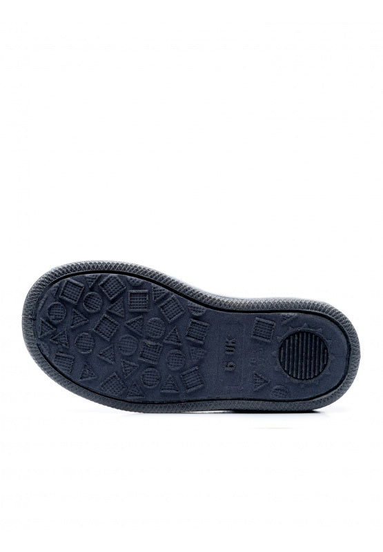 A unisex slippers by Chipmunks, style Abracadabra Wizard, in navy multi wizard design with velcro fastening. View of sole.