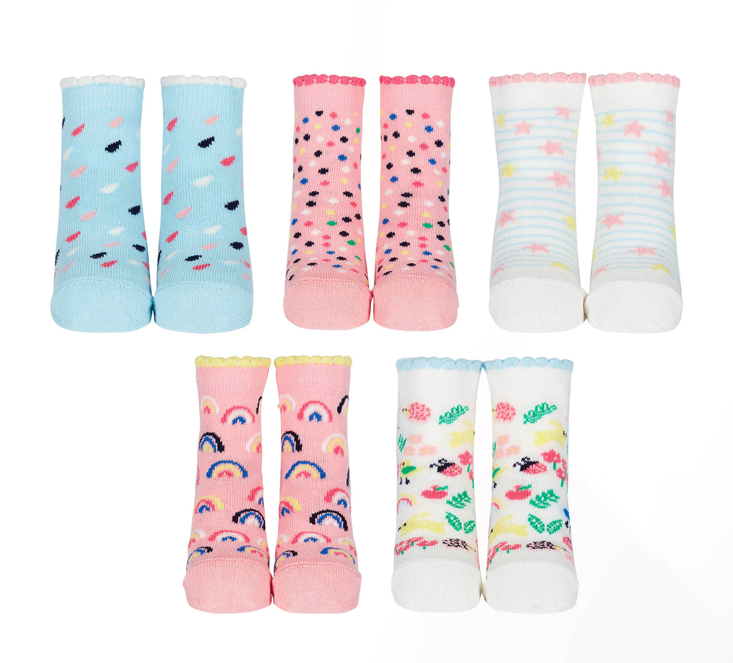 5 pairs of multicoloured girls socks by Cucamelon, style Whoopsy Daisy. Front view.