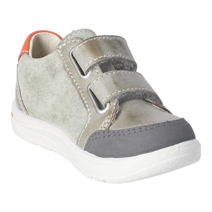 A boys casual shoe by Ricosta, style Jamie in eucalyptus with orange stitching on side and orange ankle and two velcro straps. Inner left side view