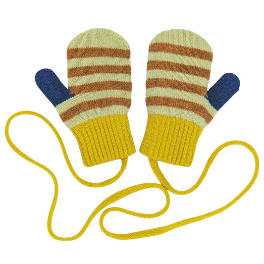 Lambswool mittens on a string by Catherine Tough, yellow with brown stripes and blue thumb, view of pair side by side.