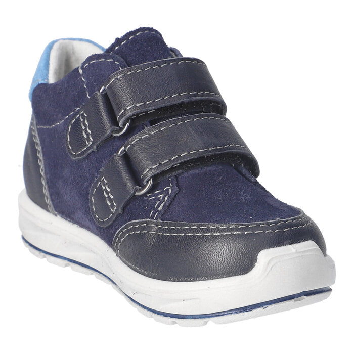 A boys waterproof boot by Ricosta, style Carlo, in blue multi with double velcro fastening. Angled view.
