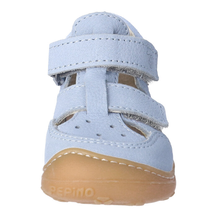 A unisex sandal/shoe by Ricosta, style Eni, in pale blue leather/nubuck with double velcro fastening. Front view.