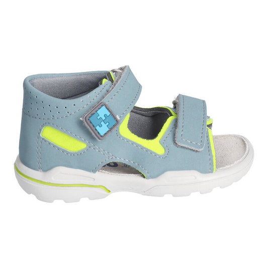 A boys open toe sandal by Ricosta, style Manto , in blue, double velcro fastening with full back. Right side view.