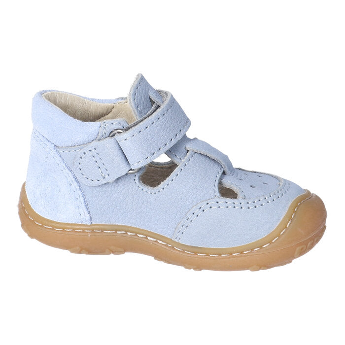A unisex sandal/shoe by Ricosta, style Eni, in pale blue leather/nubuck with double velcro fastening. Inside view.