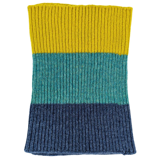Knitted snood by Catherine Tough with block colours of navy, light blue and yellow. 