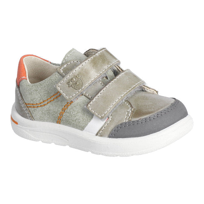 A boys casual shoe by Ricosta, style Jamie in eucalyptus with orange stitching on side and orange ankle and two velcro straps. Right side view