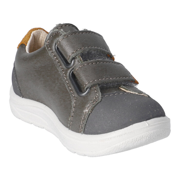 A boys casual shoe by Ricosta, style Nippy, in green with mustard trim and velcro fastening. Left side view.