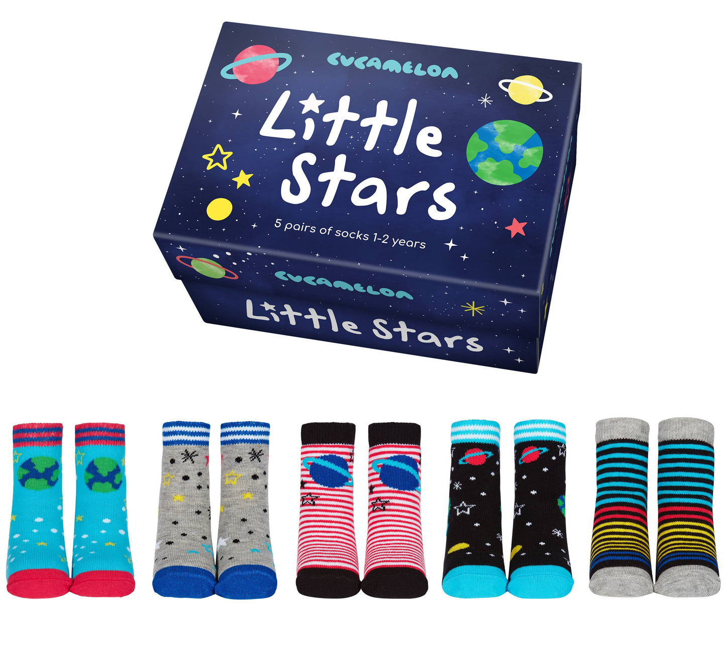 5 pairs of multicoloured space and star print socks by Cucamelon, style Little Stars and navy Little Stars gift box. Front view.