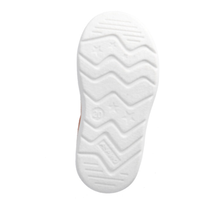 A boys shoe by Ricosta, style Jamie, in orange multi with double velcro fastening. Sole view.