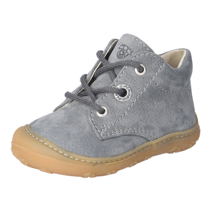 A unisex casual ankle boot by Ricosta, style Cory in space/barbados, with grey laces and toe and heel bumpers. Left side view