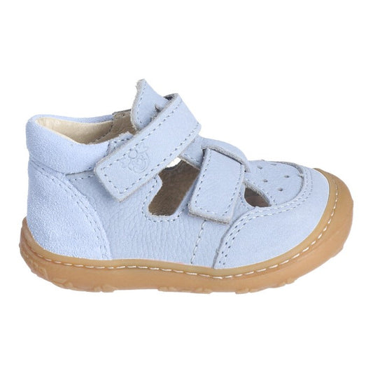 A unisex sandal/shoe by Ricosta, style Eni, in pale blue leather/nubuck with double velcro fastening. Right side view.