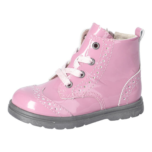 A girls lace up boot by Ricosta, style Jemmy, in pink patent with brogue detailing and zip / lace fastening. Right side view.