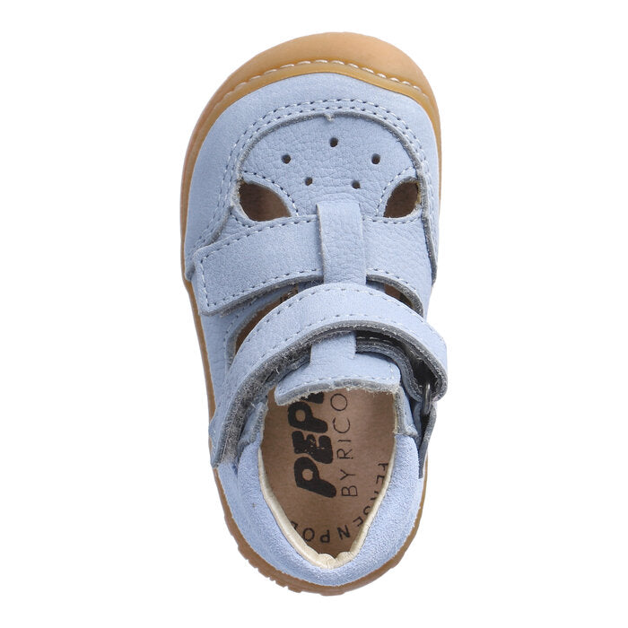 A unisex sandal/shoe by Ricosta, style Eni, in pale blue leather/nubuck with double velcro fastening. Top view.
