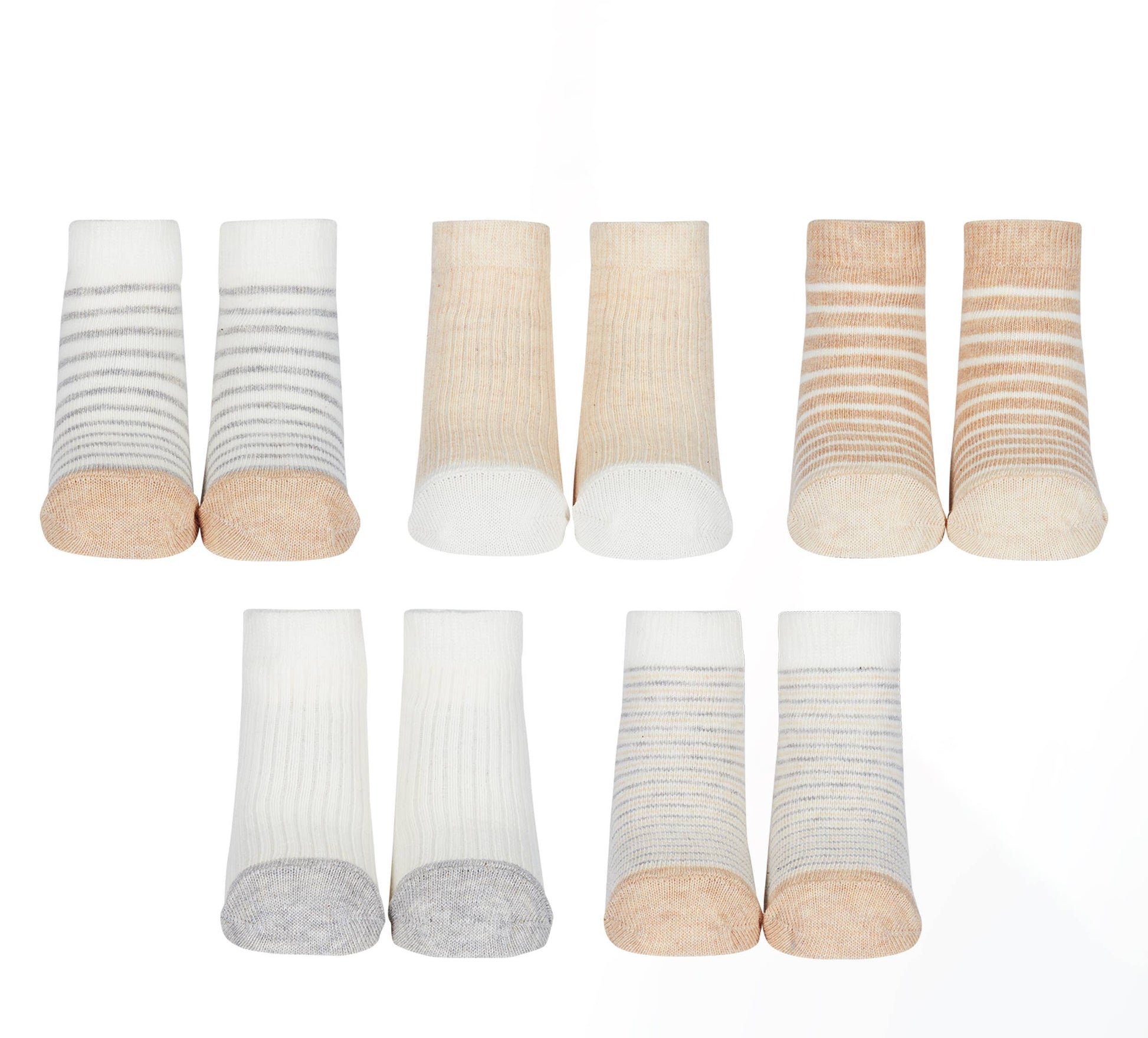 5 pairs of grey ,white and beige striped and plain socks by Cucamelon. Style Baby Steps. Front view.