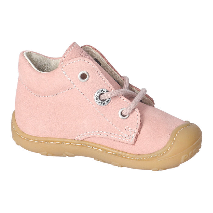 A girls ankle boot by Ricosta, style Cory in pink/barbados, with pink laces and toe and heel bumpers. Inner left side view