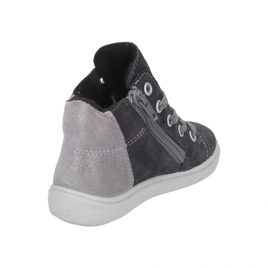 A girls waterproof ankle boot by Ricosta, style Mel, in dark grey with light grey and pink trim, lace/inside zip. Left view from the back.