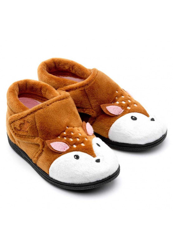 A pair of girls slippers by Chipmunks, style Doey Deer, in brown and white deer design with velcro fastening. Angled view of right side.