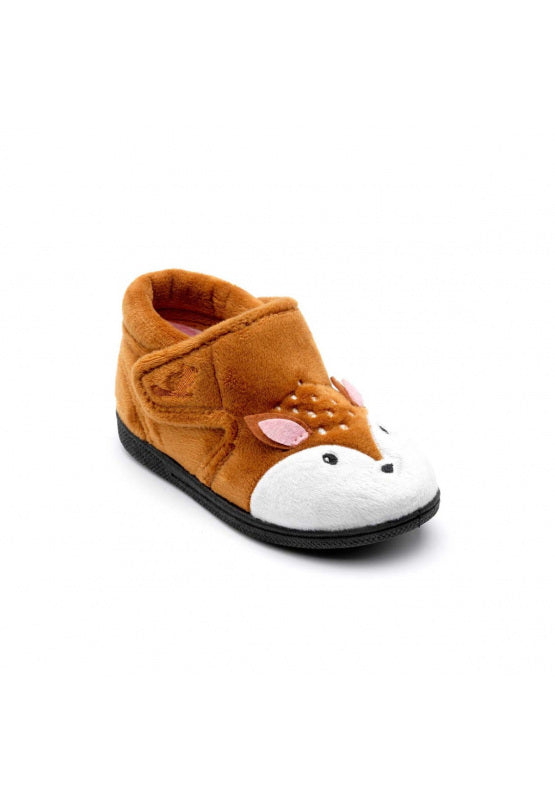 A girls slipper by Chipmunks, style Doey Deer, in brown and white deer design with velcro fastening. Angled view of right side.
