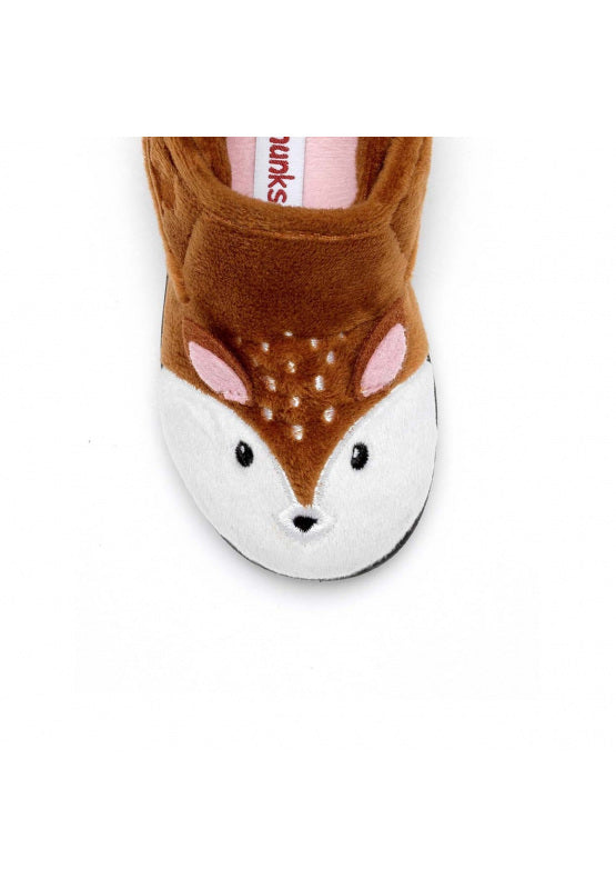 A pair of girls slippers by Chipmunks, style Doey Deer, in brown and white deer design with velcro fastening. Close up of deer face.