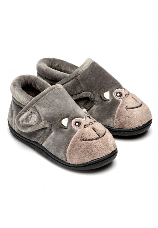A pair of unisex slippers by Chipmunks, style Bubbles Gorilla, in grey gorilla design with velcro fastening.  Angled view of right side.