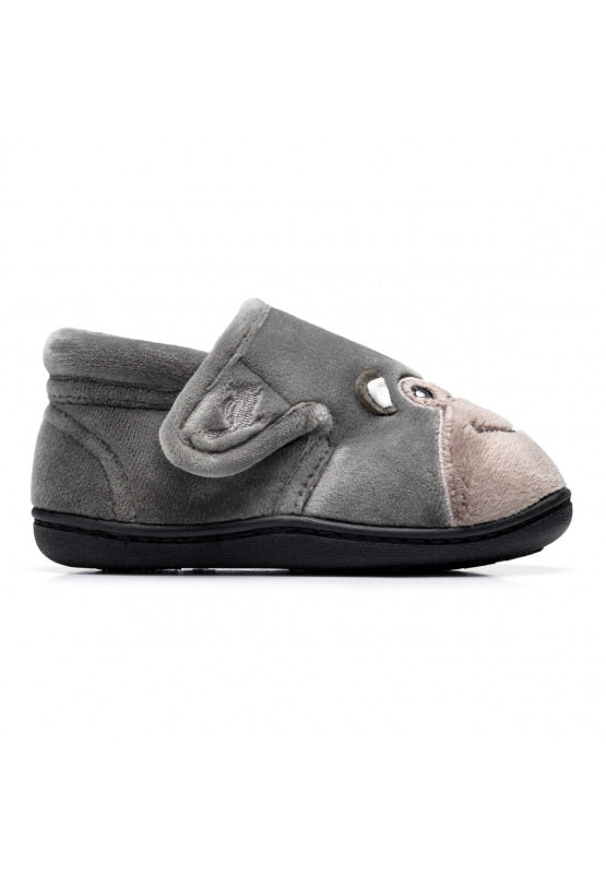 A unisex slipper by Chipmunks, style Bubbles Gorilla, in grey gorilla design with velcro fastening. Right side view.
