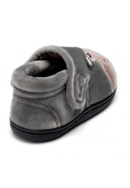 A unisex slipper by Chipmunks, style Bubbles Gorilla, in grey gorilla design with velcro fastening.  Angled view of back.