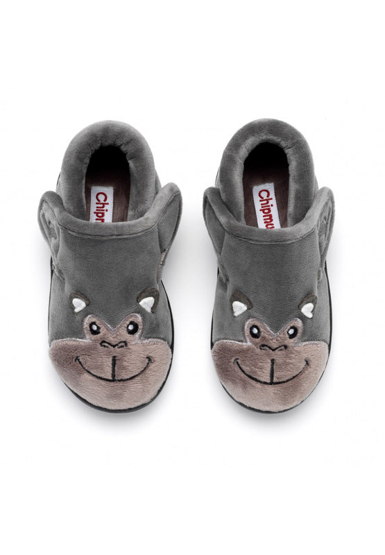 A  pair of unisex slippers by Chipmunks, style Bubbles Gorilla, in grey gorilla design with velcro fastening.  View from above.