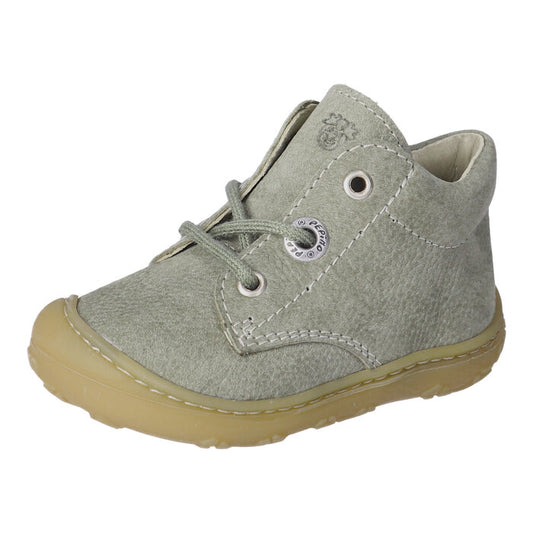 A boys ankle boot by Ricosta. Style Cory, a lace-up in Eucalyptus with a toe bumper. Front angled view.