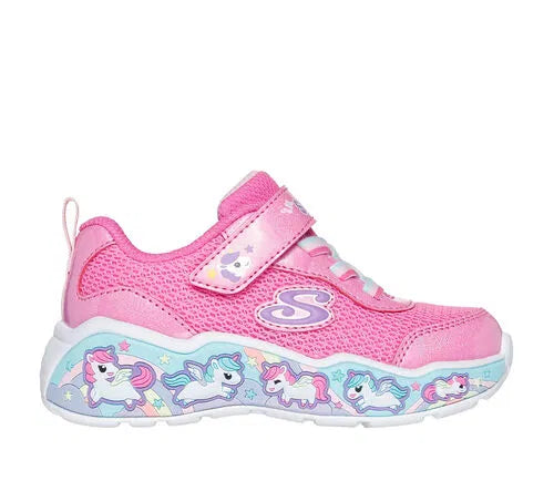 A girls trainer by Skechers, style Play Scene Fun Squad 303158N, in pink set on multi coloured sole with unicorn motifs. Velcro fastening. Right side view. 