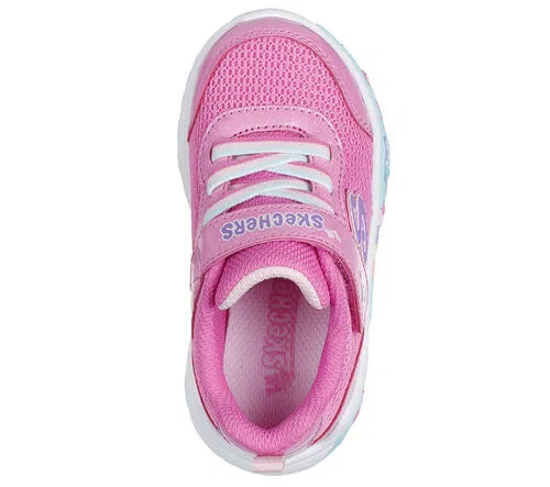A girls trainer by Skechers, style Play Scene Fun Squad 303158N, in pink set on multi coloured sole with unicorn motifs. Velcro fastening. Above view.