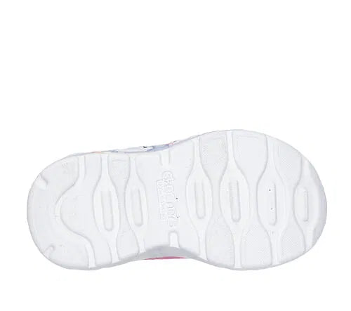 A girls trainer by Skechers, style Play Scene Fun Squad 303158N, in pink set on multi coloured sole with unicorn motifs. Velcro fastening. Sole view.