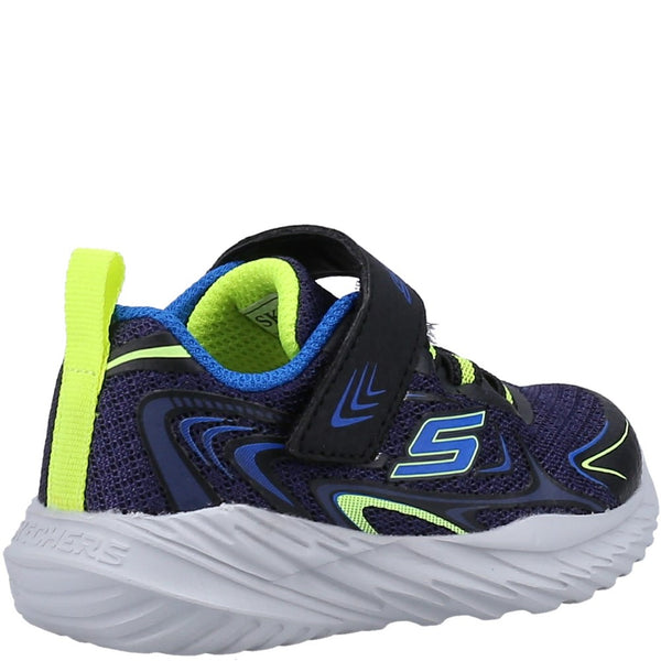A boys trainer by Skechers, style Nitro Sprint, in navy/lime with stretch laces and velcro fastening. Rear angled view.