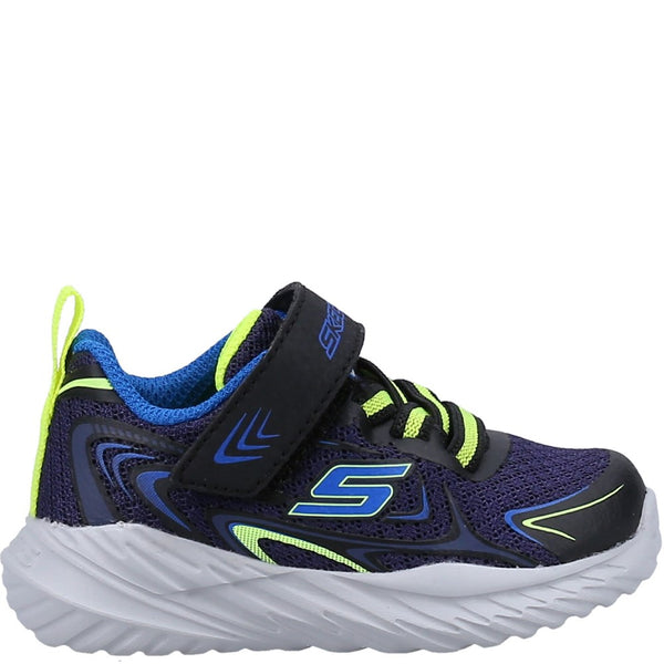 A boys trainer by Skechers, style Nitro Sprint, in navy/lime with stretch laces and velcro fastening. Right side view.