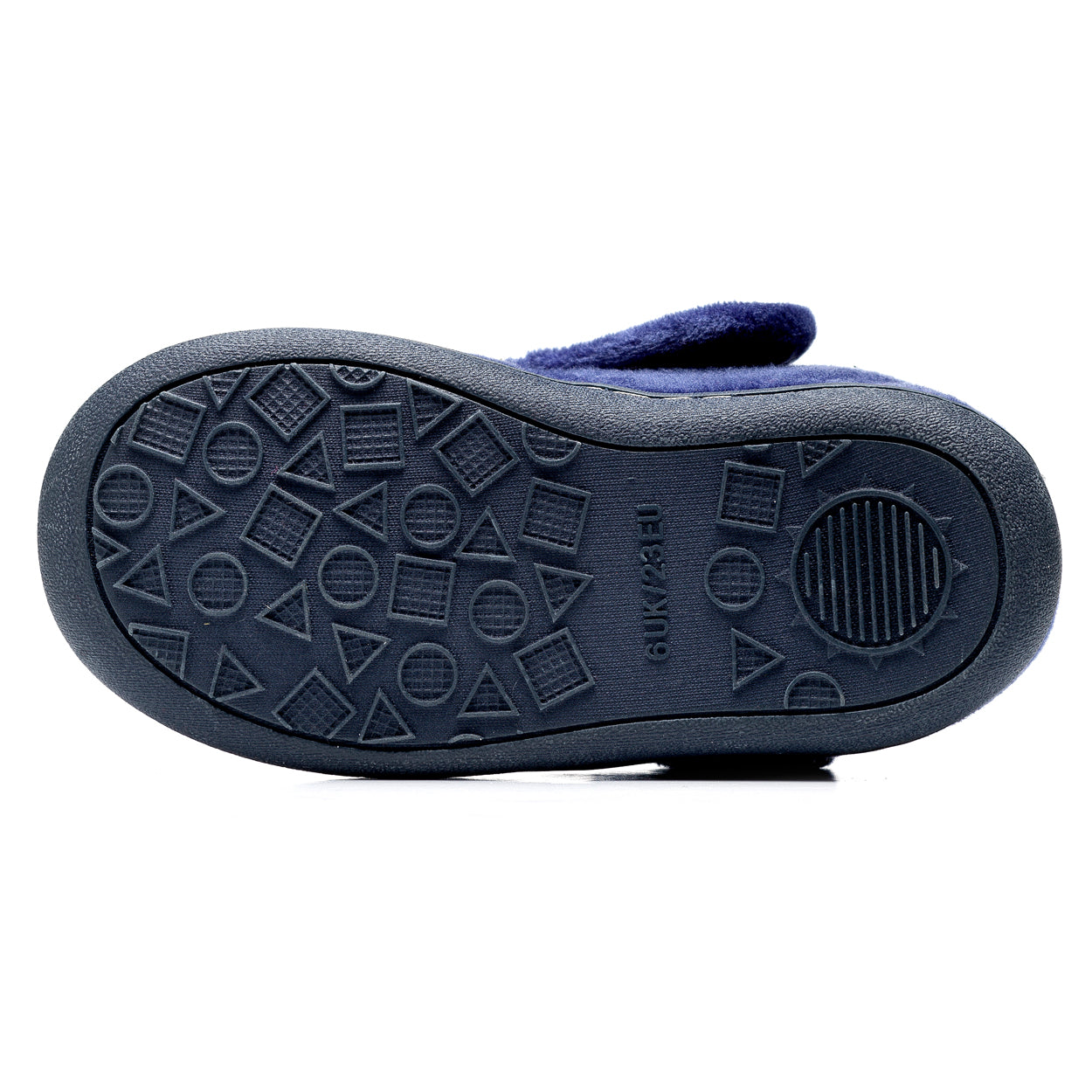 A pair of boys slippers by Chipmunks, style Blast, in navy multi with rocket design and velcro fastening. View of sole.