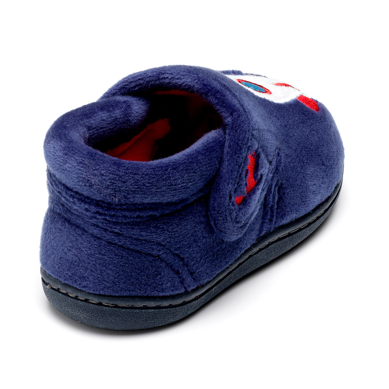 A boys slipper by Chipmunks, style Blast, in navy multi with rocket design and velcro fastening. Angled view.