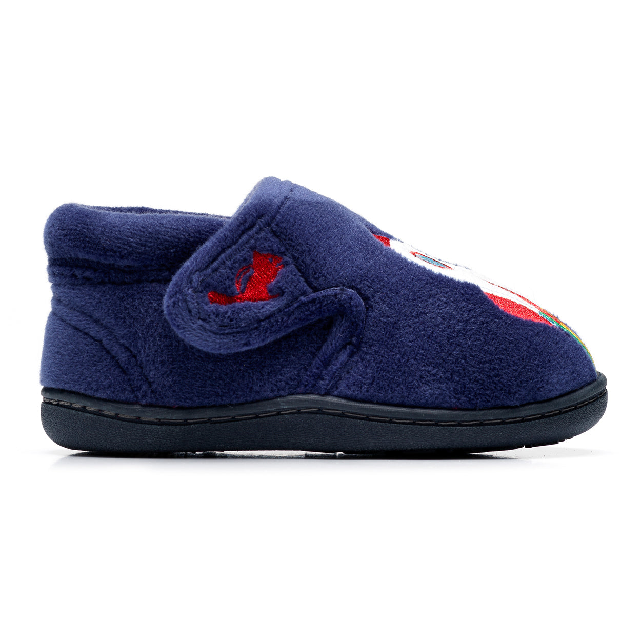 A boys slipper by Chipmunks, style Blast, in navy multi with rocket design and velcro fastening. View of right side.
