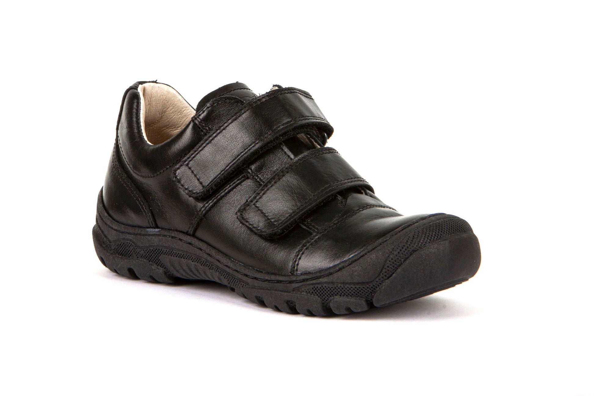 A boys school shoe by Froddo, style G3130188 Leo, in black leather with double velcro fastening. Left side view.