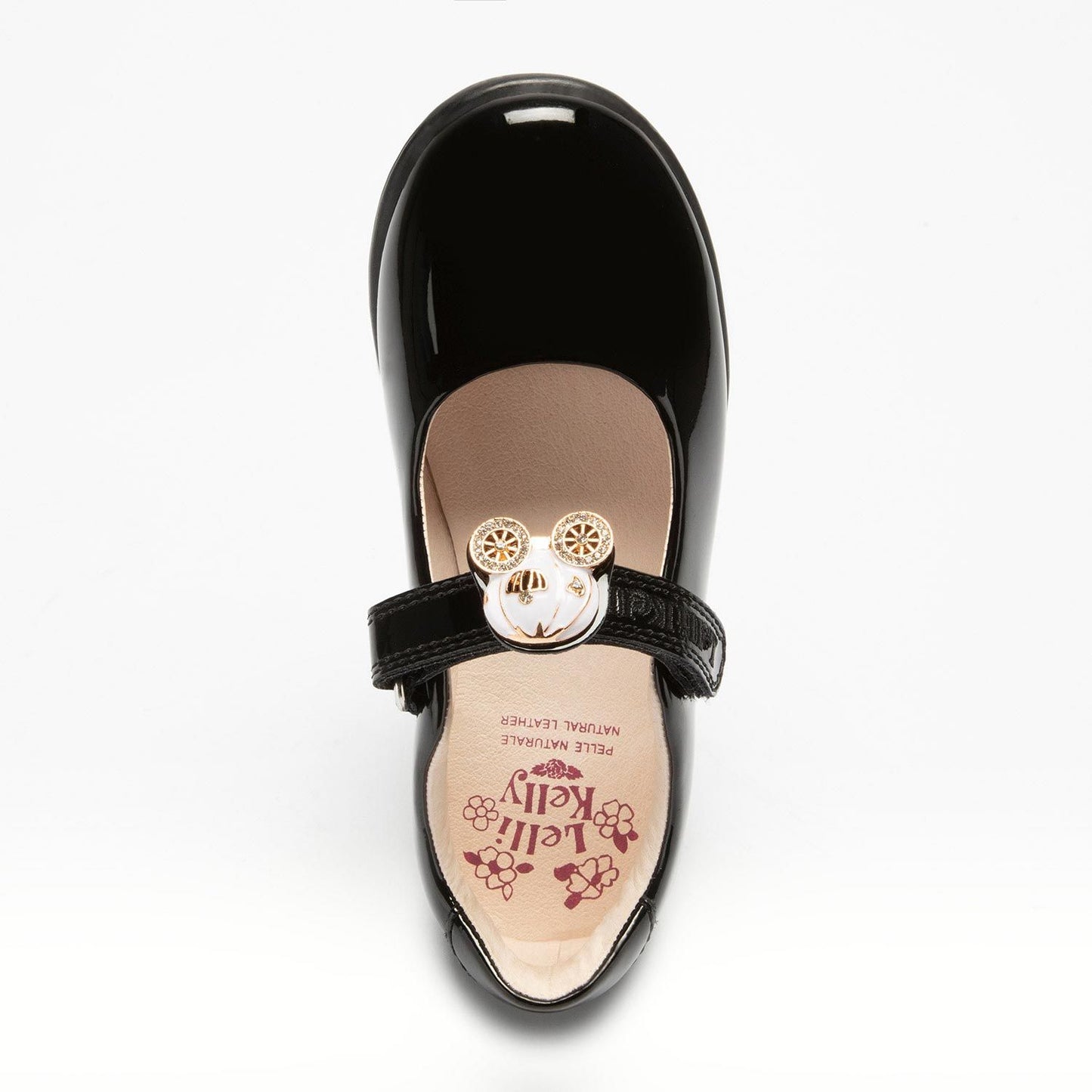 A girls Mary Jane school shoe by Lelli Kelly, style LK8119 Ella, in black patent leather with velcro fastening and detachable gold/white pumpkin carriage. View from above.